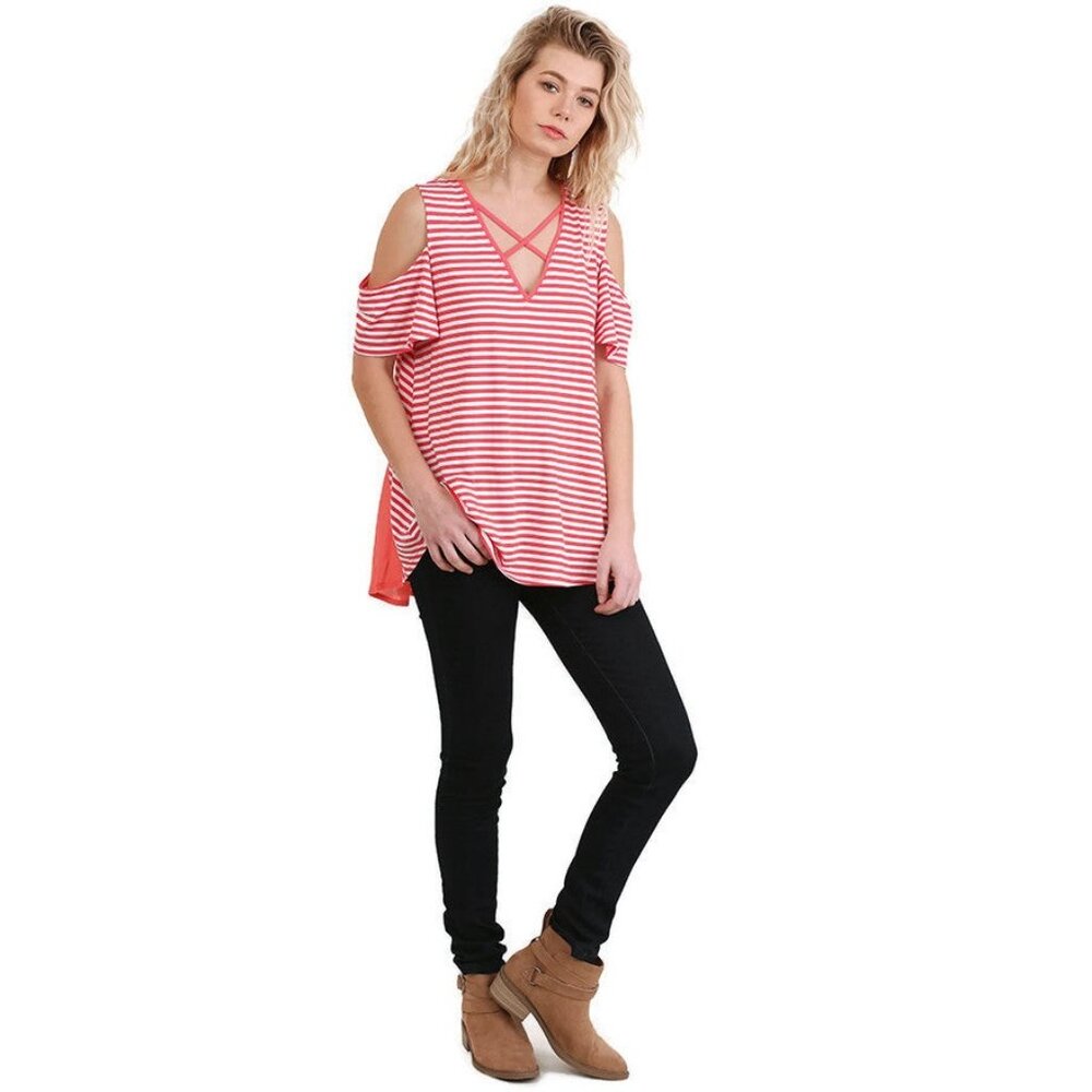 umgee Cold Shoulder Striped Top, Coral